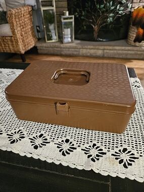 Brown Plastic Sewing Box with Top Handle Midcentury Modern